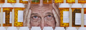 unhappy senior man surrounded by pills